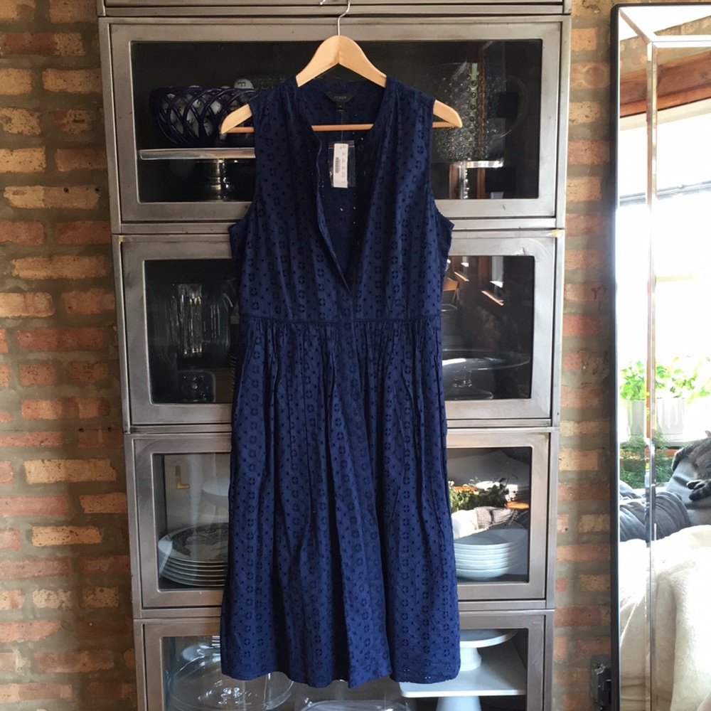 NWT J.Crew Navy Eyelet  Button Front Midi Dress